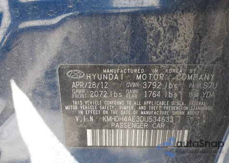 2013 Hyundai Elantra Gls from USA, damaged, VIN KMHDH4AE3DU534633